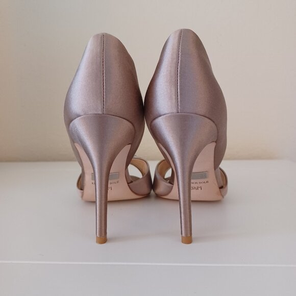 EUC Badgley Mischka Champagne/Taupe Satin Jeweled Open Toe Pumps 6.5 - Picture 9 of 12
